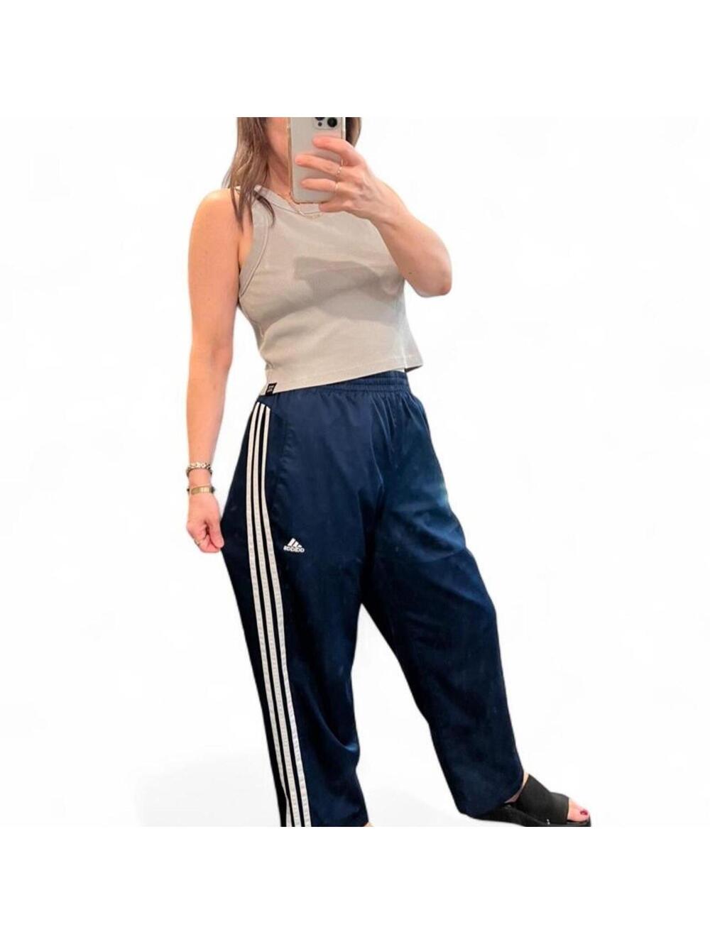 Adidas Navy Wide Leg Track Pants Y2K 3 Stripe Windbreaker Pants